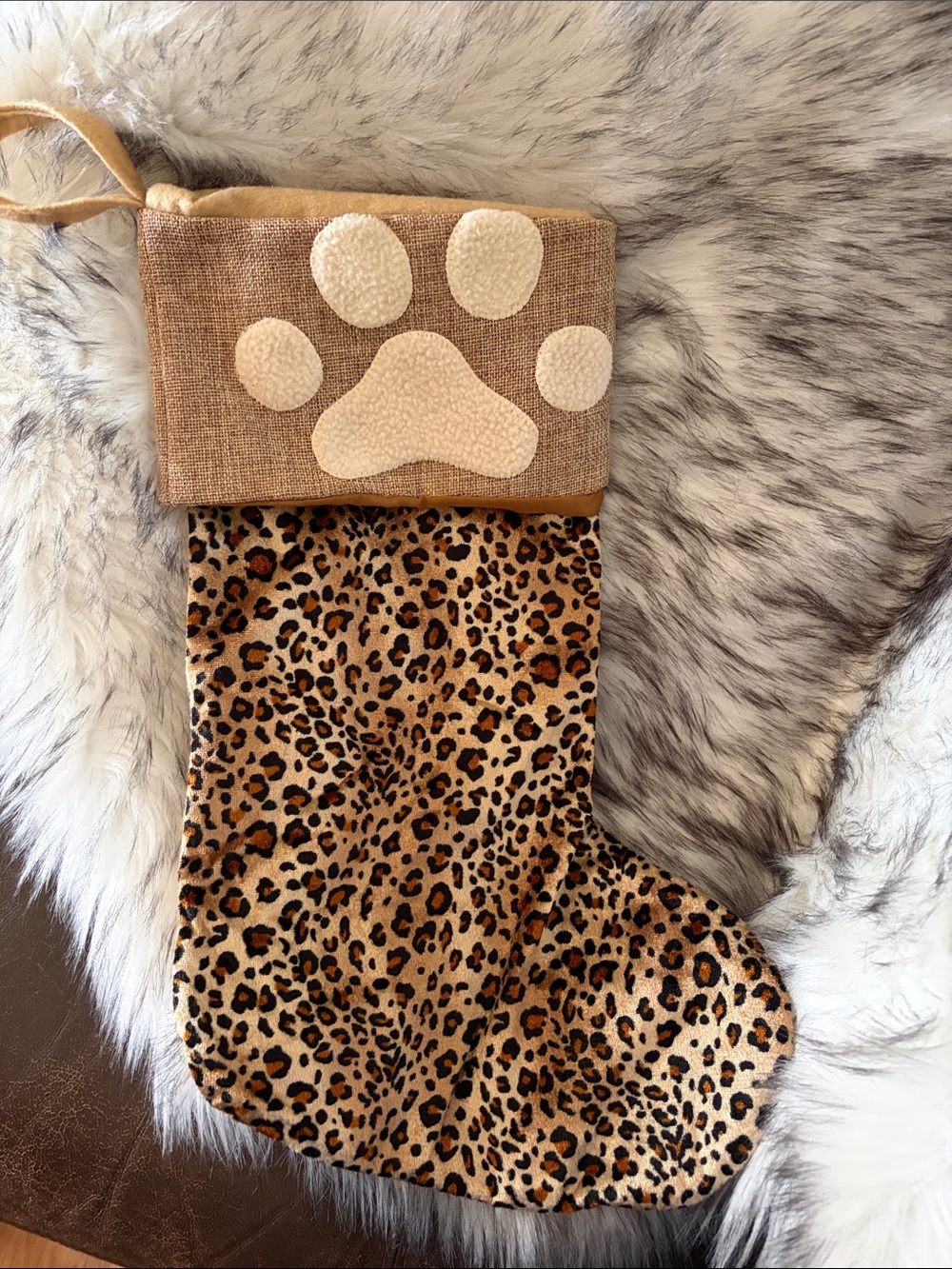 Leopard Print Holiday Stocking with Paw Accent